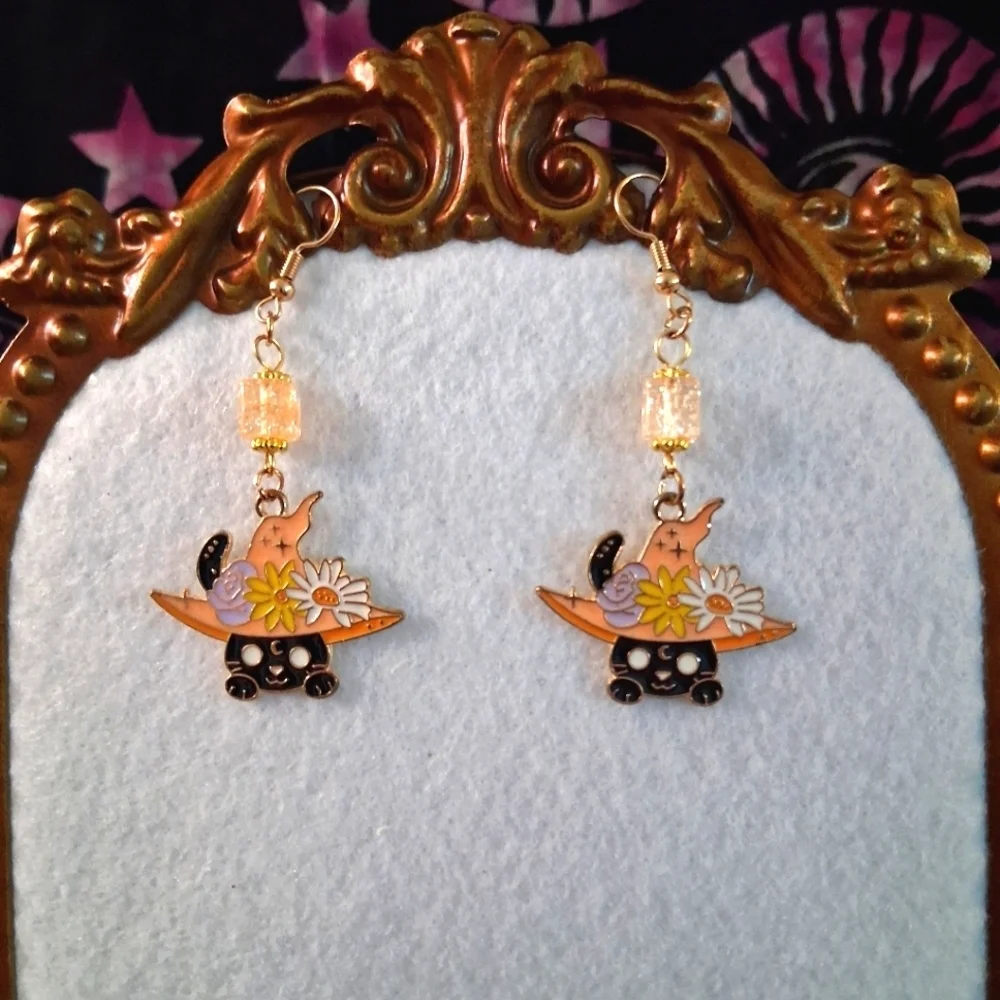 Witch Hat Cat Earrings Black Orange Crystal Dangle French Hooks
